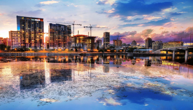 2020 Montreal City at Sunset with Water Reflection