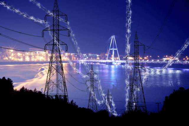 Small Town Electrification at Night in Blue