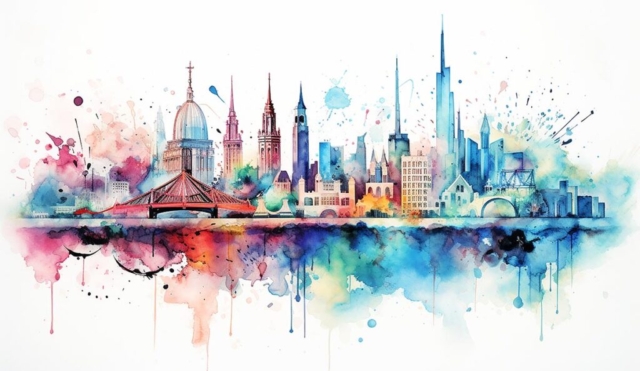 Beautiful Cityscape Pastel Aquarel Art