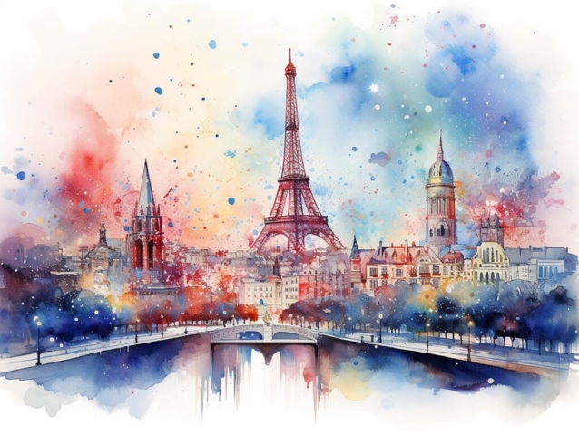 Beautiful Paris Cityscape Pastel Aquarel Art