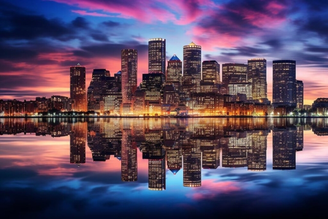 Boston Cityscape at Twilight Time with Water Reflection