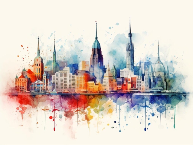 Classic Cityscape Pastel Aquarel Art