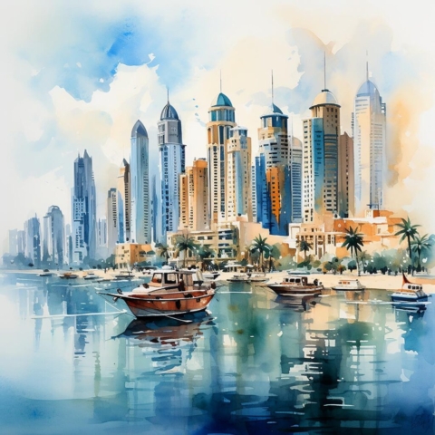 Modern Urban Asian Cityscape Aquarel Art